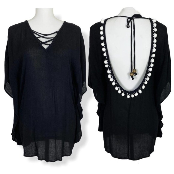 Francesca's Womens Scoop Back Top Small Black White Pompom Swim Cover-Up - Picture 1 of 10